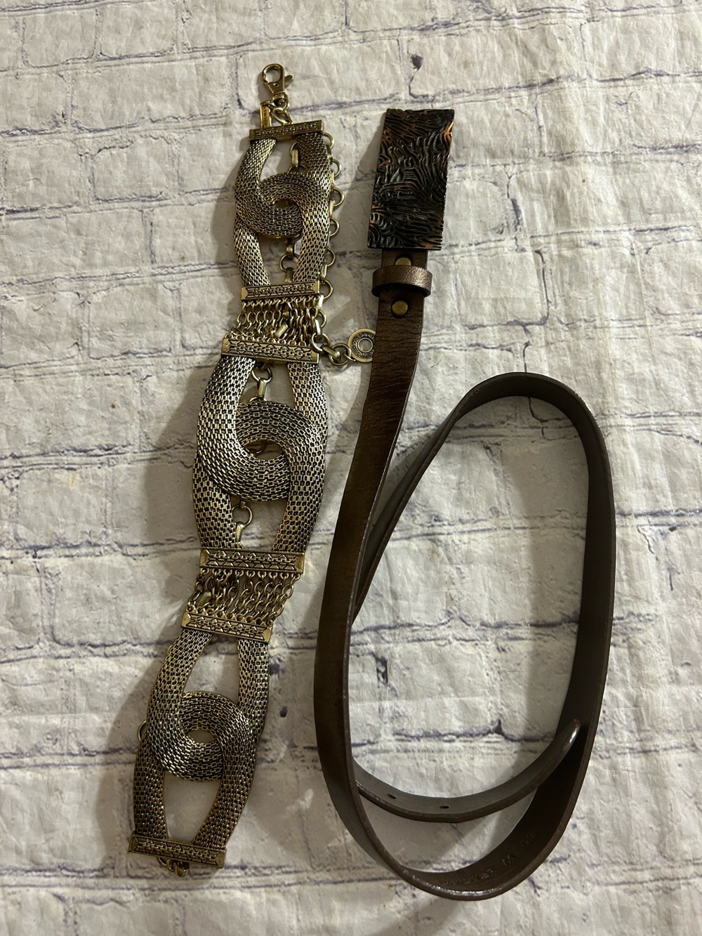 CHICO’S (2) UNIQUE STYLES GOLD CHAIN EMBELLISHED AND BROWN LEATHER BELTS - Picture 2 of 16